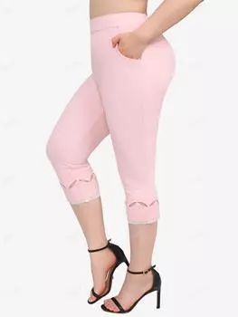 Леггинсы-капри Rosegal размера плюс с кружевной отделкой и текстурированными тиснеными карманами XL светло-розовый