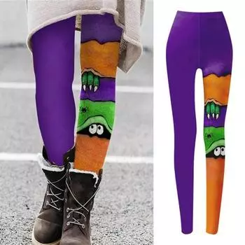 Леггинсы на Хэллоуин средней посадки с эластичным поясом, облегающие, в стиле пэчворк, цветные облегающие брюки, наряд для косплея для девочек, колготки XL