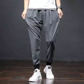 Леггинсы на шнуровке для мужских эластичных повседневных брюк, корейская версия для мужчин и подростков, укороченные брюки свободного кроя, летние ультратонкие брюки из ледяного шелка 28 серый