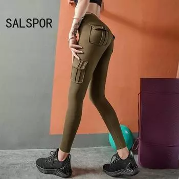 Леггинсы с карманами Армейский Зеленый Тренажерный Зал Одежда для Фитнеса Спортивные Леггинсы Модные Женские Йога S чёрный