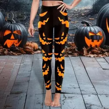 Леггинсы с тыквой на Хэллоуин, средней посадки, эластичный пояс, обтягивающие брюки, колготки для косплея для девочек L A