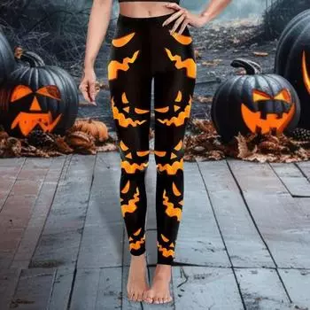 Леггинсы с тыквой на Хэллоуин, средней посадки, эластичный пояс, обтягивающие брюки, колготки для косплея для девочек L A