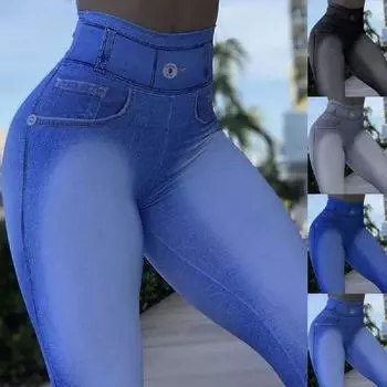 Леггинсы с высокой талией для женщин, джинсы из искусственного денима, эластичные брюки-карандаш, тонкие спортивные леггинсы для йоги S чёрный