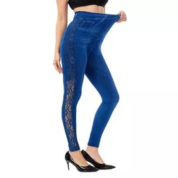 Леггинсы с высокой талией, женские спортивные штаны, эластичные джинсовые джеггинсы с эффектом пуш-ап для тренировок, кружевные джеггинсы по бокам для фитнеса, пэчворк S синий