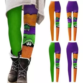 Леггинсы Yousheng Halloween средней посадки с эластичным поясом, облегающие брюки в стиле пэчворк, цветные колготки для девочек, костюм для косплея XXL B