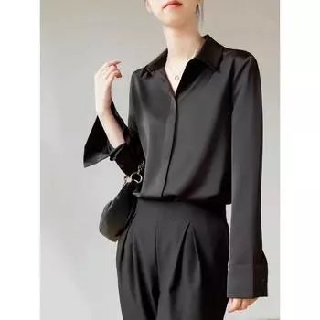 Легкая атласная белая рубашка для взрослых, женская рубашка с длинными рукавами на весну и осень, новая универсальная драпированная рубашка против морщин для пригородных поездок S белый