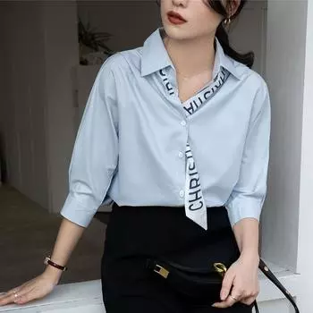 Легкая белая рубашка с половиной рукавов для взрослых, женская летняя свободная рубашка для пожилых людей с дизайном Sense Niche, повседневная рубашка с морщинами, шелковый шарф S белый