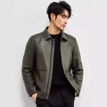 Легкая деловая кожаная куртка мужская, высококачественная, первый слой, телячья кожа с лацканами, повседневная осенняя кожаная куртка мужская, пальто L армия зеленый