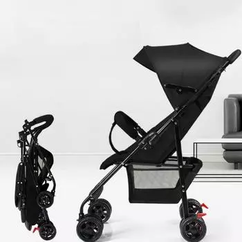 Легкая детская коляска One Lick Folding Baby Stollingcart может сидеть и лежать с большим навесом для хранения подстаканников для младенцев чёрный