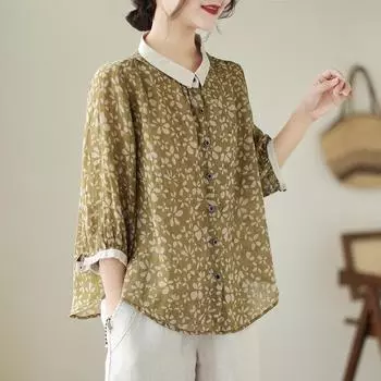 Легкая дышащая художественная свободная рубашка с принтом весна-лето, тонкий фасон, рукава семь четвертей, круглая грудь, женские блузки и рубашки M зелёный