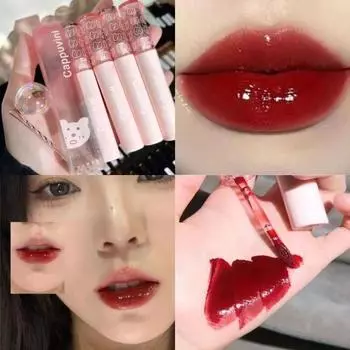 Легкая и мягкая глазурь для губ с мультяшным медведем/зеркальная водянистая стеклянная глазурь для губ/матовая жидкая помада/слизь для губ/водостойкий макияж губ водянистая губа 01#