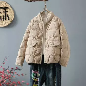 Легкая и тонкая короткая куртка-пуховик женская новая маленькая стойка воротник норковая сращивание белого утиного пуха теплая куртка S