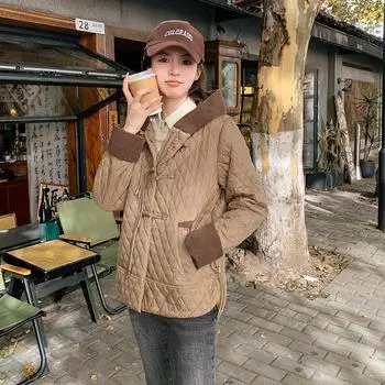 Легкая и тонкая одежда с подкладкой 2024 года, новые свободные осенне-зимние куртки с капюшоном и ромбом с подкладкой для женщин M чёрный