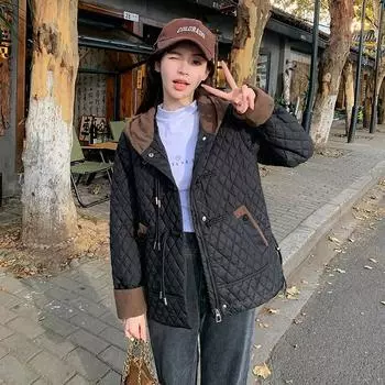 Легкая и тонкая одежда с подкладкой 2024 года, новые свободные осенне-зимние куртки с капюшоном и ромбом с подкладкой для женщин M
