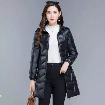 Легкая и тонкая пуховая хлопковая куртка, женская блестящая новая корейская версия, большая хлопковая куртка средней длины, облегающая повседневная хлопковая куртка с капюшоном XXXXXXL