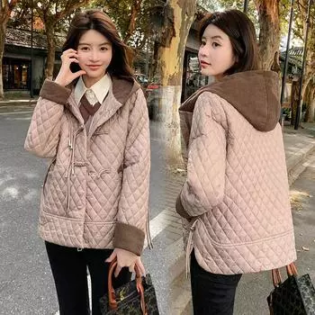 Легкая и тонкая - стеганая одежда 2024 года, новые свободные осенне-зимние с капюшоном, иностранный газовый ромб - стеганая одежда для женщин - стеганые куртки M чёрный