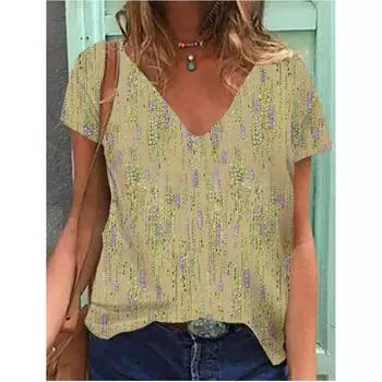 Легкая и тонкая женская футболка в стиле ретро с короткими рукавами, новинка лета 2024 года, свободный топ с короткими рукавами и V-образным вырезом с 3D-принтом XS