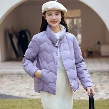 Легкая короткая куртка-пуховик для женщин 2024 года, маленькая, облегающая, модная куртка на утином пуху для мам с воротником-стойкой L size 120-67.5 kg белый