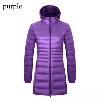 Легкая куртка-пуховик для женщин, ультралегкое теплое пальто с капюшоном, длинный темперамент, большой размер, модный тонкий зимний топ S фиолетовый