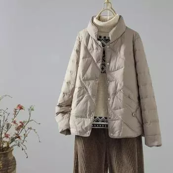 Легкая куртка-пуховик с воротником-стойкой, женская короткая, 2024, новая, белая, свободная, для мам среднего возраста, легкая, иностранная куртка S светло-серый