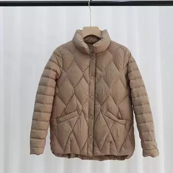 Легкая куртка-пуховик женская новинка 2024 года тонкая легкая стойка воротник ромб белый утиный пух теплая куртка зимняя S белый