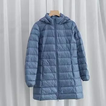 Легкая куртка-пуховик женская средняя и длинная осень и зима новая корейская версия облегающая куртка большого размера съемная шапка 3XL аква голубой