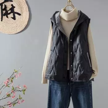 Легкая куртка-пуховик жилет женская зимняя новая короткая модная верхняя одежда с капюшоном пуховый жилет без рукавов куртка M чёрный