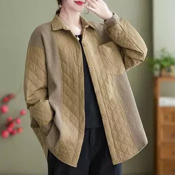 Легкая куртка с хлопковой подкладкой, литературная и художественная, крупная трикотажная ромбическая свободная повседневная рубашка, куртка осень и зима XXL чёрный