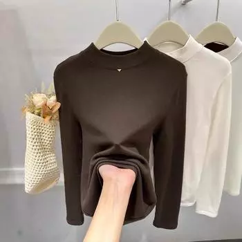 Легкая модная бархатная утолщенная однотонная универсальная рубашка с длинными рукавами для женщин, осенняя новая футболка в иностранном стиле, размер маленький L(80-120)