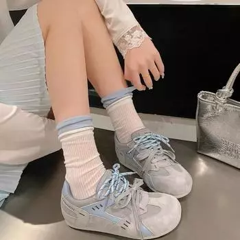 Легкая мягкая подошва ~ кожаные уродливые милые немецкие кроссовки женские зимние 2024 года новые двухцветные шнурки на платформе повседневные туфли Forrest Gump 35 синий