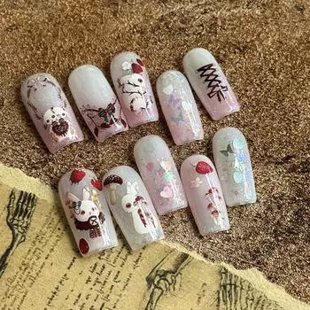 Легкая наклейка для дизайна ногтей с нежным узором, стильная нашивка в виде кролика в темном стиле из мультфильма C