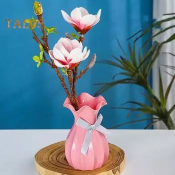 Легкая пластиковая ваза, небьющаяся ваза для цветов с гофрированным горлом, держатель для сухоцветов с бантом для спальни, гостиной, стола, декора красный