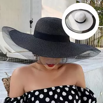 Легкая пляжная модная женская соломенная шляпа с широкими полями и лоскутной сеткой чёрный