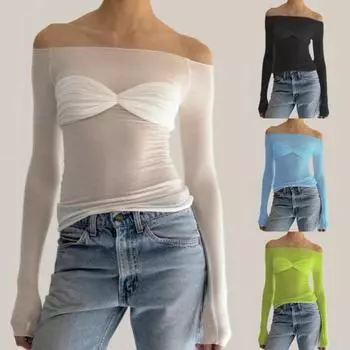 Легкая прозрачная женская футболка на одно плечо весна/лето 2023 г. M чёрный