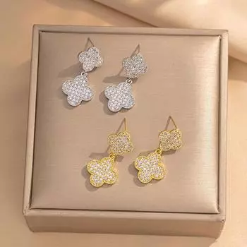 Легкая роскошь, полная бриллиантов, серьги в виде четырехлистного цветка, микро-закрепка циркония, три счастливых цветка, универсальные модные серьги для женщин, темпераментные украшения для ушей