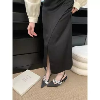 Легкая роскошь, сандалии с головкой-сумкой из стразов, женские новые атласные туфли-лодочки с острым носком на шпильке, темпераментные одинарные туфли, высокие каблуки 35 чёрный