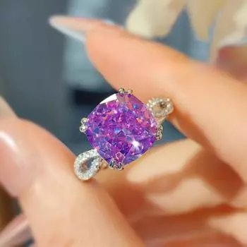 Легкая Роскошь Темперамент Сатин Фиолетовый Огранка Ледяной Цветок Кольцо Простое Инкрустированное Фиолетовым Литием Высокоуглеродистый Бриллиант Толстое Квадратное Женское Кольцо
