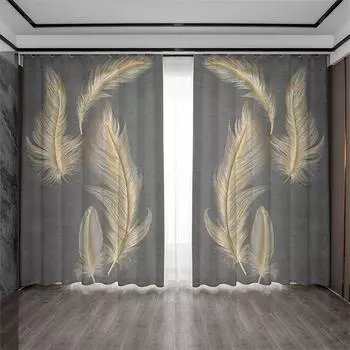 Легкая роскошная 3D-занавеска с рисунком перьев, экологически чистая, декоративная занавеска для домашнего офиса, 90 г полиэфирного волокна, две панели W50xH130(CM)x2pcs&Hook