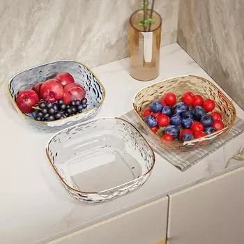 Легкая роскошная бытовая фруктовая чаша салат десерт тарелка для печенья пластиковый квадратный прозрачный поднос золотистый край тарелки для закусок столовая посуда синий