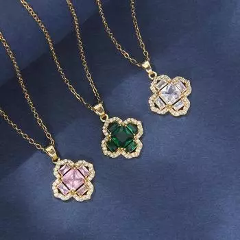 Легкая роскошная цепочка на ключицу из меди 18К с микроинкрустацией цирконом и покрытием клевера белый