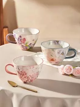 Легкая роскошная керамическая кофейная чашка для домашнего завтрака, овсяная чашка с принтом, чашка для воды для девочек, изысканный подарок синий