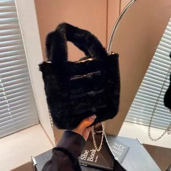 Легкая роскошная китайская ретро-сумка через плечо, простая модная женская сумка через плечо с цепочкой, плюшевая универсальная сумка-ведро с верхней ручкой чёрный