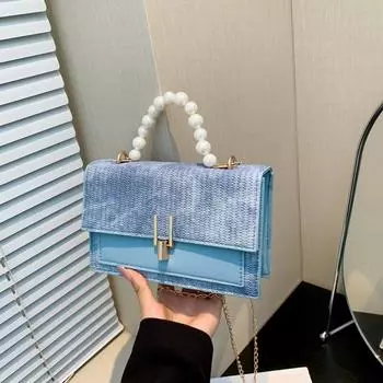 Легкая роскошная нишевая маленькая квадратная сумка, сумка с бисером в иностранном стиле, модная и простая, повседневная, универсальная, на одно плечо синий