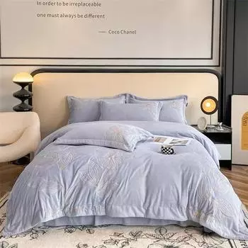 Легкая роскошная простыня из четырех предметов, молочный бархат, зимняя кровать с вышивкой, коралловый бархат, утолщенное теплое пододеяльник, фланель 1.5m bed sheet 4pcs