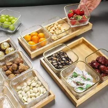Легкая роскошная разделенная тарелка для сухофруктов, стеклянная домашняя тарелка для фруктов, поднос из бамбукового дерева, квадратная тарелка, коробка для конфет