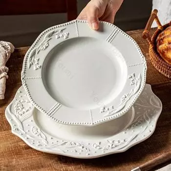 Легкая роскошная рельефная керамическая тарелка, высококачественные французские тарелки для пасты, бытовая тарелка для десерта к чаю, изысканная столовая посуда