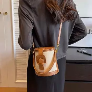 Легкая роскошная ретро-сумка-ведро для женщин, осенняя новая шикарная сумка из холщовой ткани с PU-сращиванием, элегантные женские сумки через плечо