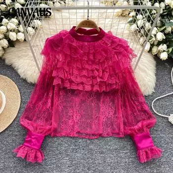 Легкая роскошная рубашка со стоячим воротником, женская осенняя рубашка с деревянными ушками и сетчатой пряжей, вышитая знаменитым темпераментным топом One size чёрный