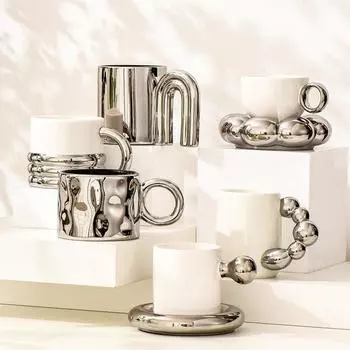 Легкая роскошная серебряная керамическая кружка, высококачественная кофейная чашка, блюдце, чашка для послеобеденного чая, чашка для питья, аксессуары для украшения дома