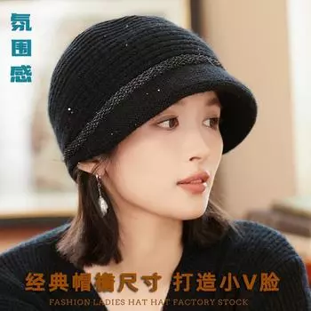 Легкая роскошная шапка из кроличьего меха, женская модная элегантная яркая шелковая защитная шапка для ушей среднего и пожилого возраста, вязаная шапка, зимняя теплая утолщенная шапка для мам M56-58cm чёрный